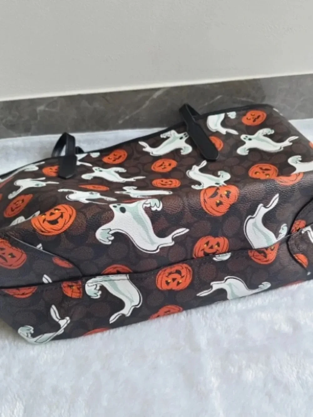 Coach Black Signature Halloween Tote with Orange Pumpkin & White Ghost Print